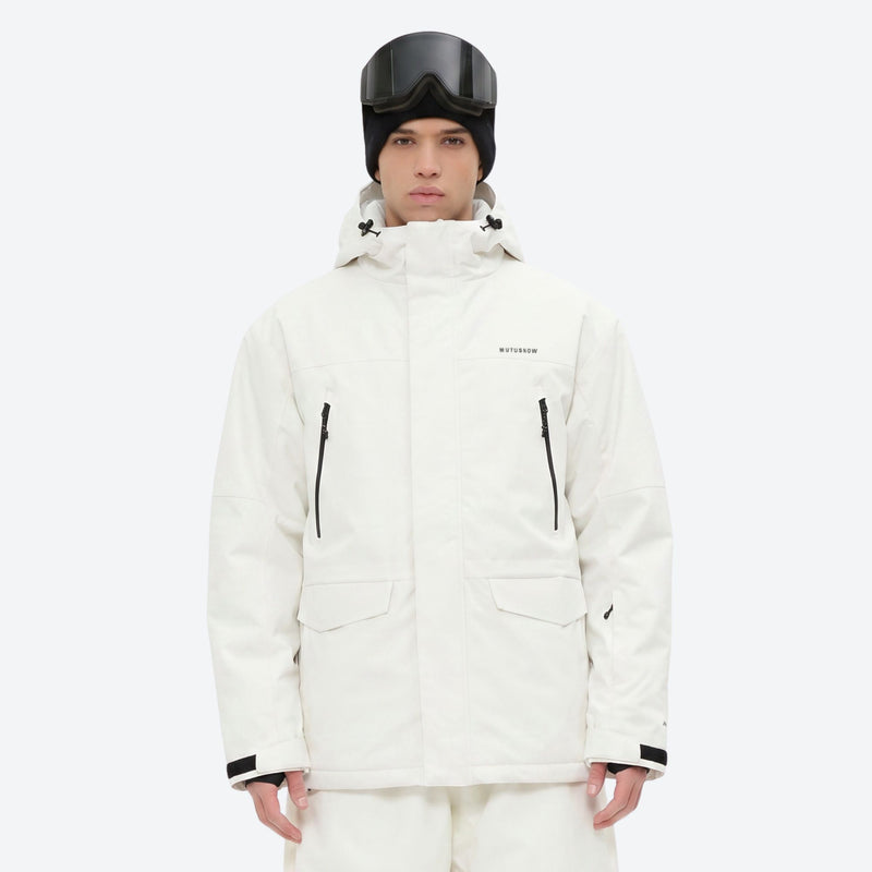 Men's quilted lining breathable ski jacket set - white jacket with white pants, for resort and backcountry days