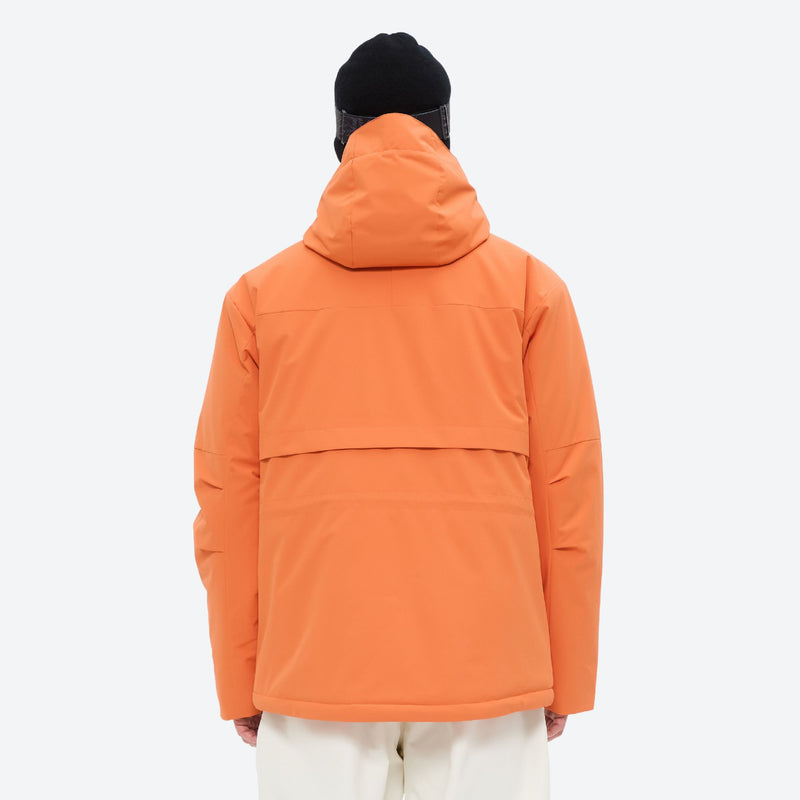 Men's 2-layer snowboard jacket and pants - orange jacket, on-model back view, for resort and backcountry days