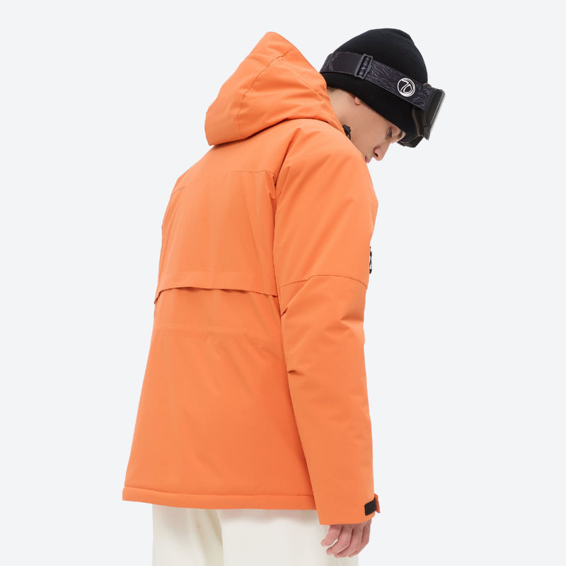 Men's waterproof 2L snow jacket and pants series - orange jacket, back three-quarter view, for powder and piste riding