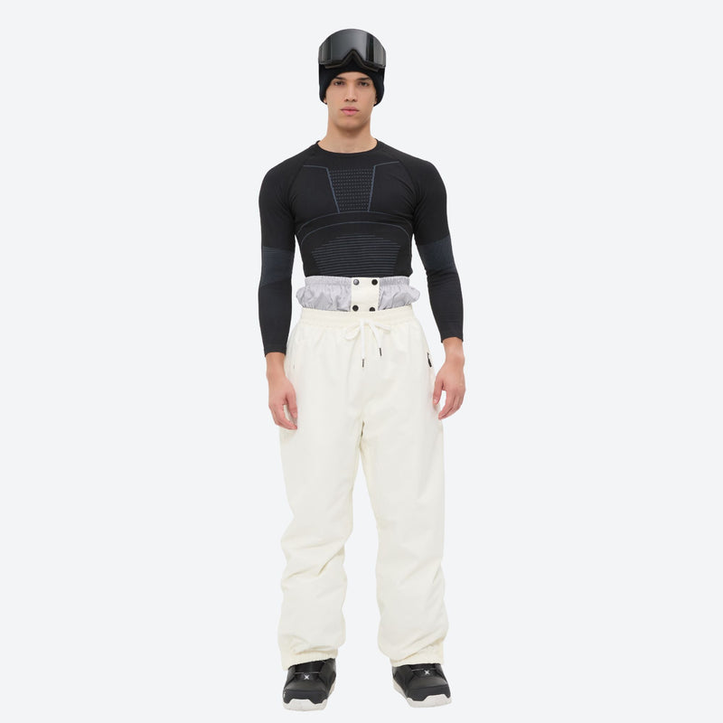 Men's 2-layer snowboard jacket and pants - black base layer top with white pants, for resort and backcountry days