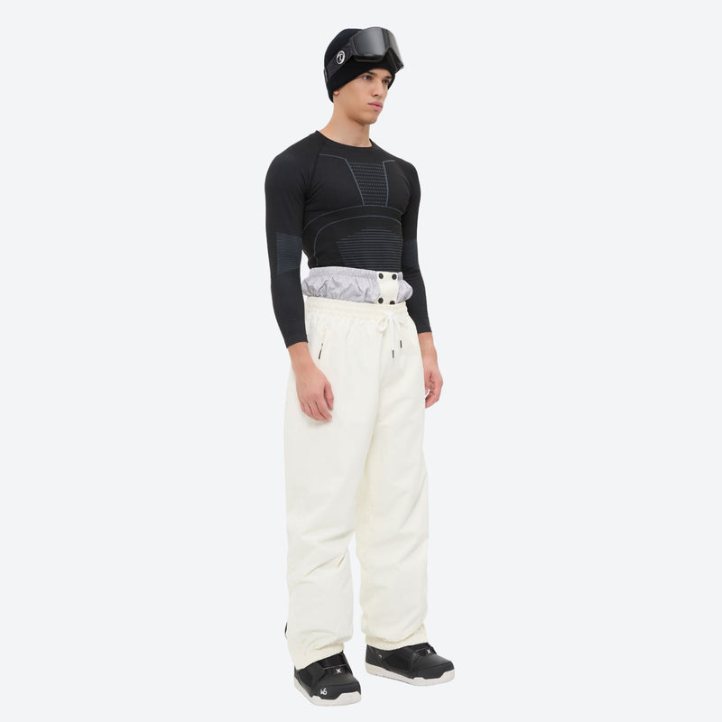 Men's waterproof 2L snow jacket and pants series - black base layer top with white pants, for powder and piste riding