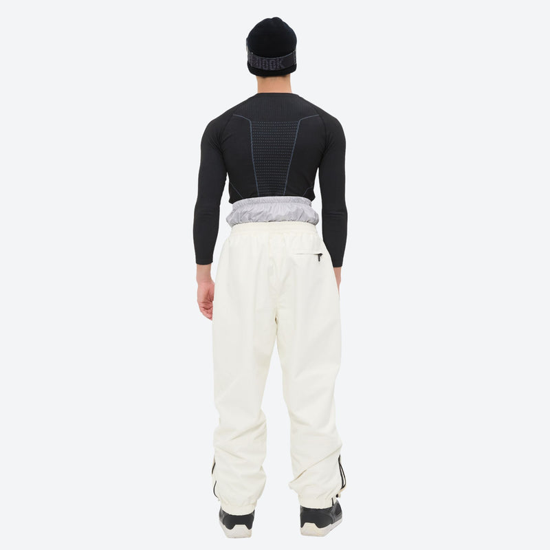 Men's 2-layer snowboard jacket and pants - black base layer top with white pants, for skiing and snowboarding