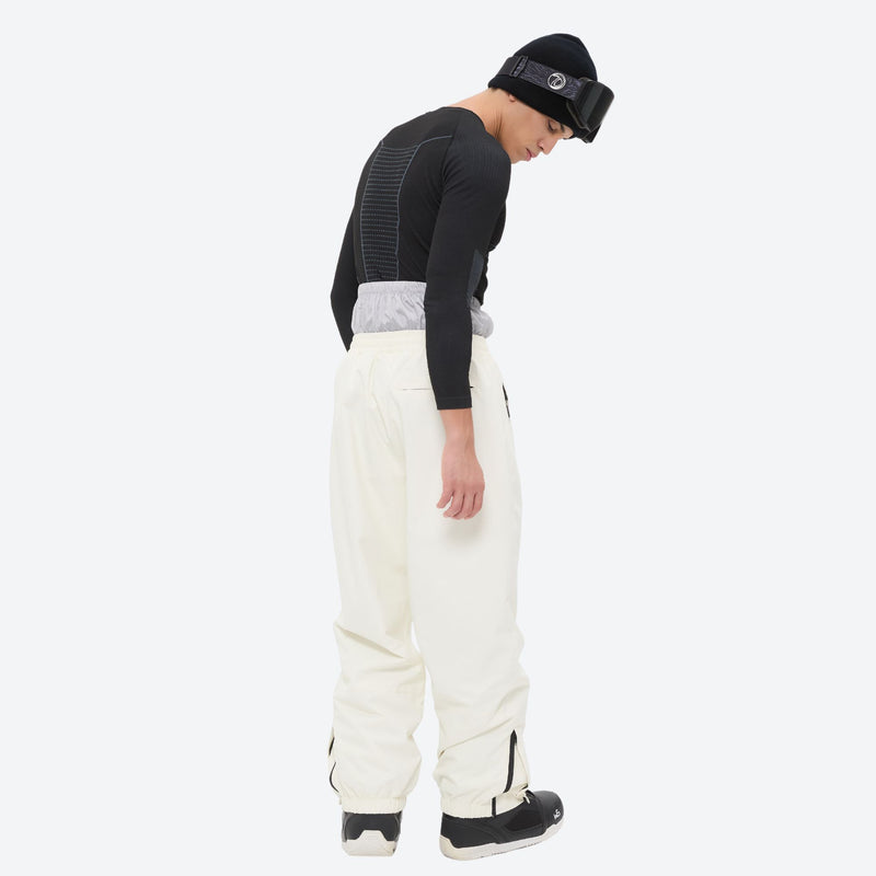 Men's waterproof 2L snow jacket and pants series - black base layer top with white pants, for resort and backcountry days