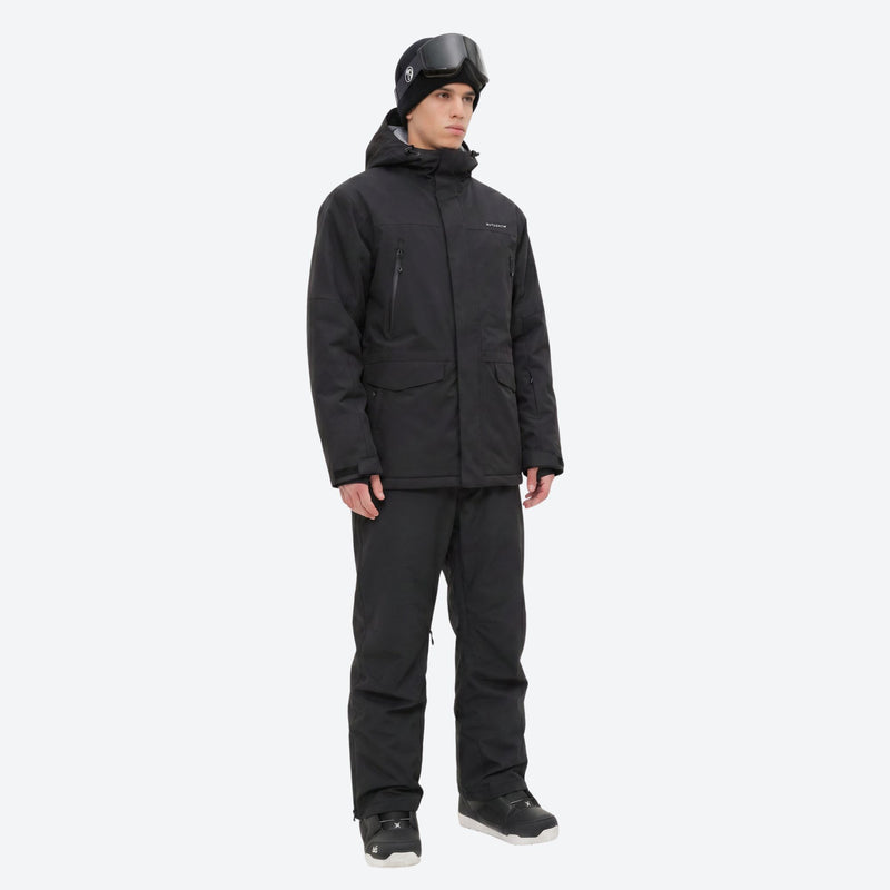Men's quilted lining breathable ski jacket set - black jacket with black pants, for cold-weather winter sports