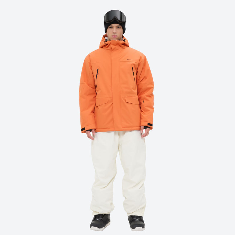 Men's 2-layer snowboard jacket and pants - orange jacket with white pants, for cold-weather winter sports