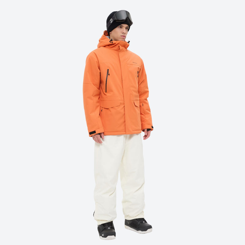 Men's waterproof 2L snow jacket and pants series - orange jacket with white pants, for skiing and snowboarding