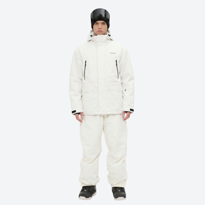 Men's waterproof 2L snow jacket and pants series - white jacket with white pants, for cold-weather winter sports