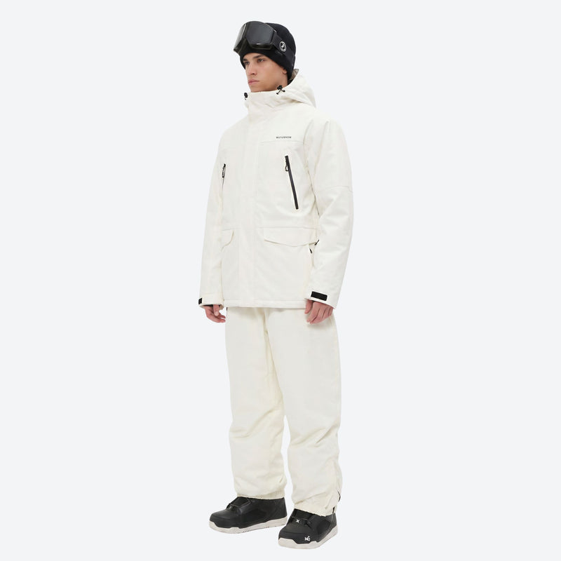 Men's quilted lining breathable ski jacket set - white jacket with white pants, for skiing and snowboarding