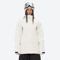 
                  
                    Unisex 2-layer snowboard jacket and pants - white jacket, on-model front view, for skiing and snowboarding
                  
                