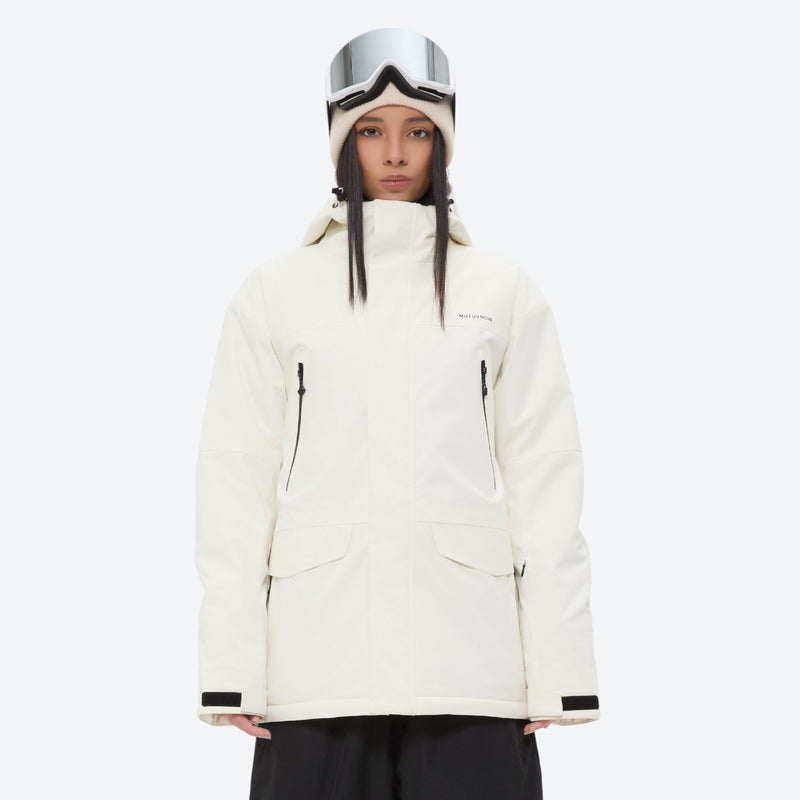 Unisex 2-layer snowboard jacket and pants - white jacket, on-model front view, for skiing and snowboarding