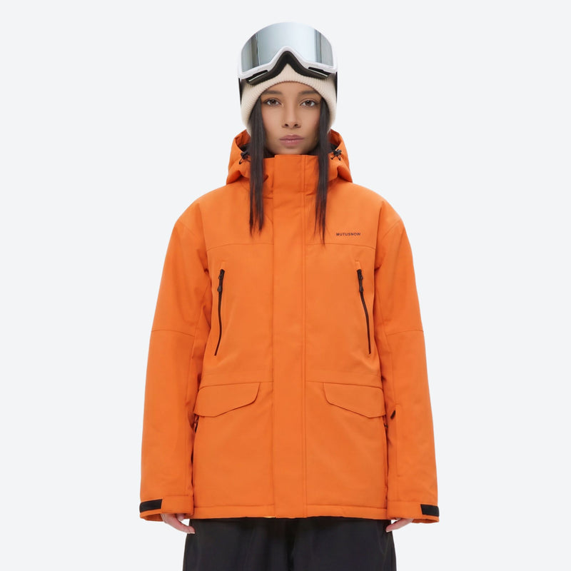 Breathable ski jacket with taped line details - orange jacket, on-model front view, for resort and street wear