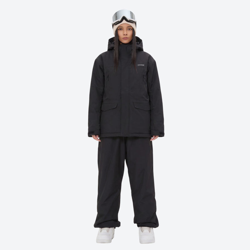 Unisex waterproof 2L snow jacket and pants series - black jacket with black pants, for powder days and winter commute