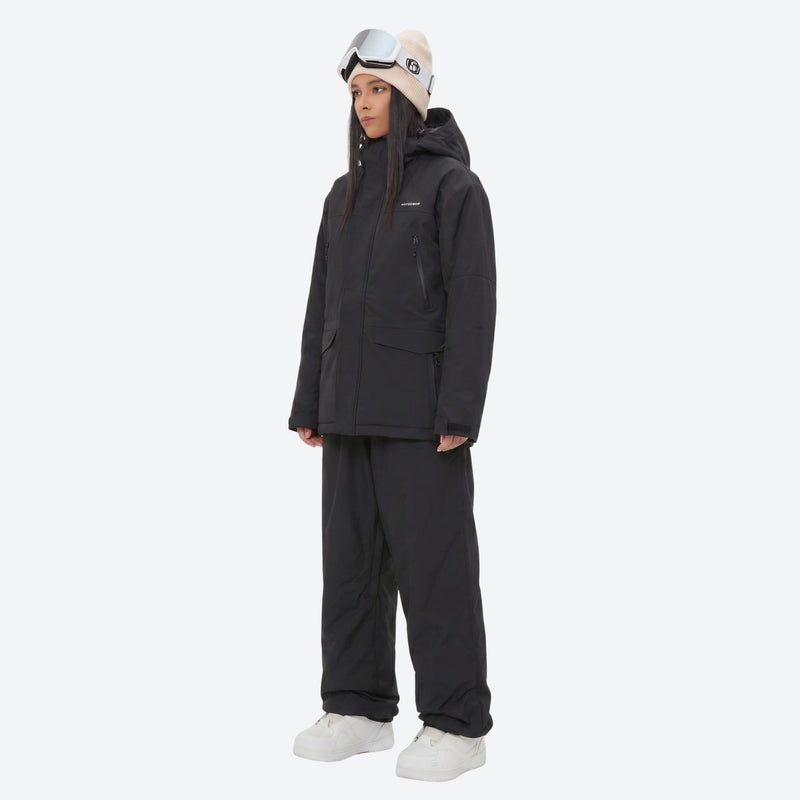 Breathable ski jacket with taped line details - black jacket with black pants, for cold-weather winter sports