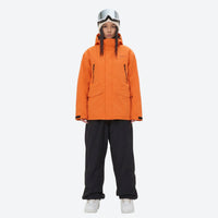 
                  
                    Unisex 2-layer snowboard jacket and pants - orange jacket with black pants, for powder days and winter commute
                  
                