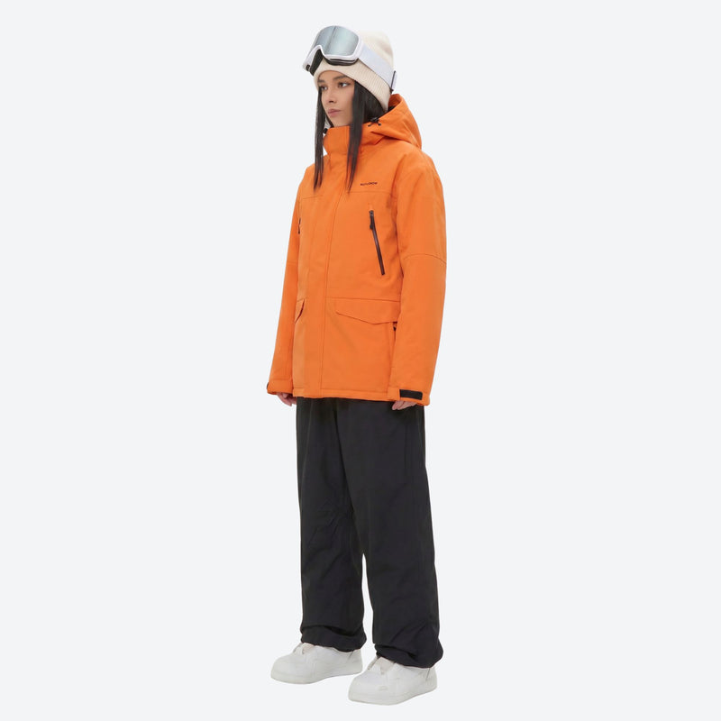 Unisex waterproof 2L snow jacket and pants series - orange jacket with black pants, for cold-weather winter sports