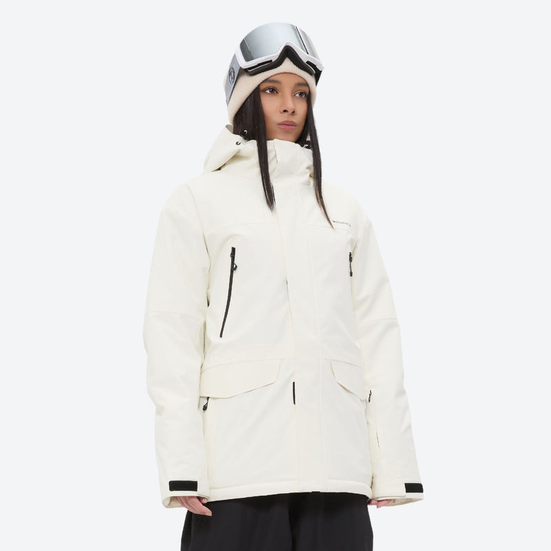 Unisex 2-layer snowboard jacket and pants - white jacket with black pants, for cold-weather winter sports