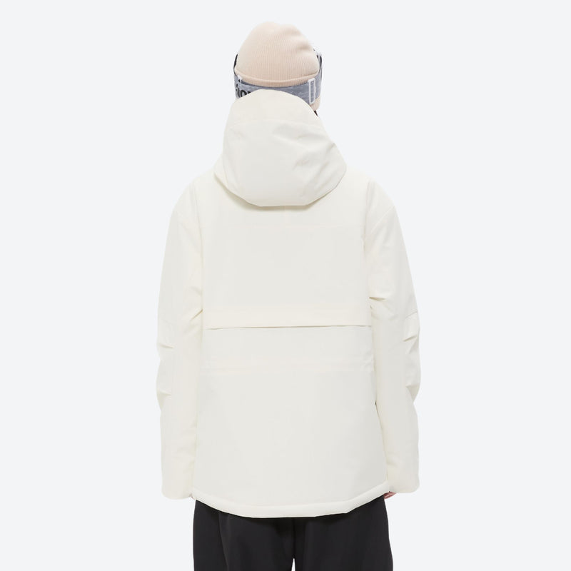 Breathable ski jacket with taped line details - white jacket, back view close crop, for powder days and winter commute