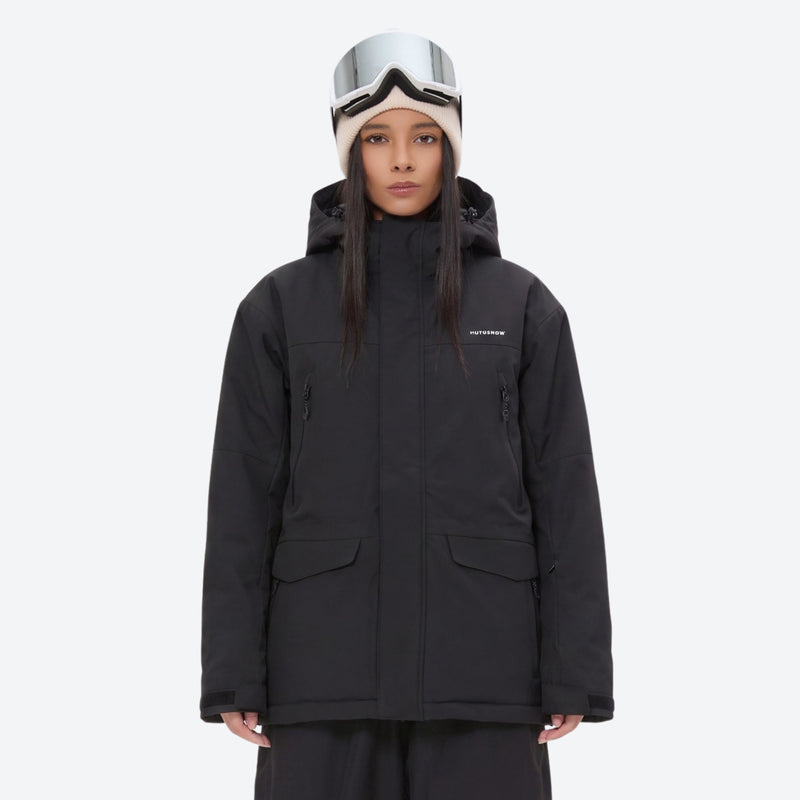 Breathable ski jacket with taped line details - black jacket with black pants, for skiing and snowboarding