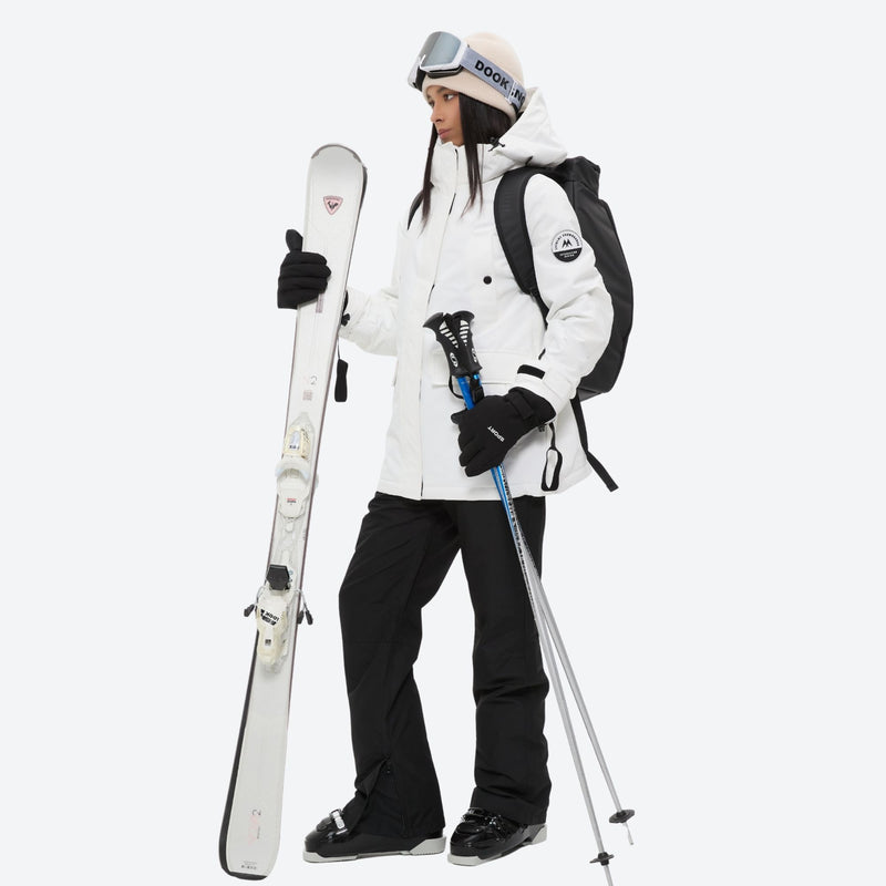 Women's 2-layer insulated ski suit - white jacket with black pants, for cold-weather winter sports