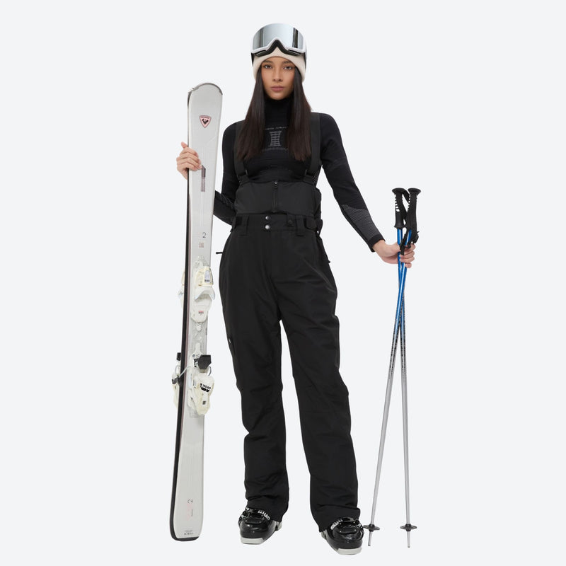 Women's breathable snow jacket with suspender pants - black snow pants, for cold-weather winter sports