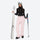 Women's 2-layer insulated ski suit - light pink snow pants, front with upright skis and poles, for snowy mountain travel