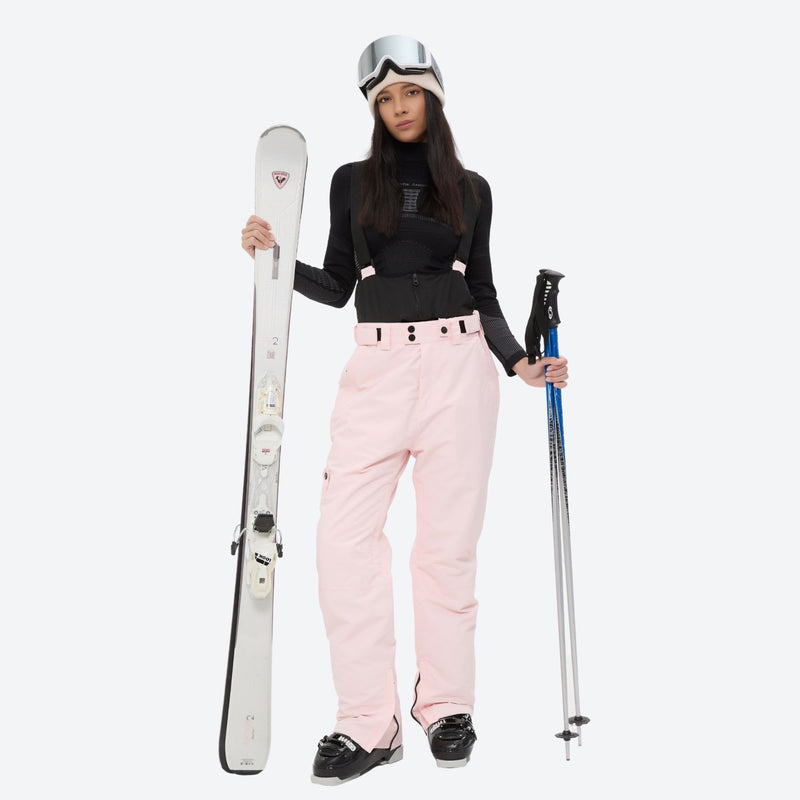 Women's 2-layer insulated ski suit - light pink snow pants, front with upright skis and poles, for snowy mountain travel
