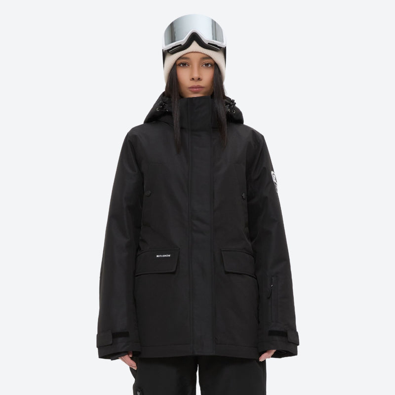 Women's breathable snow jacket with suspender pants - black, on-model full-body front view, for skiing and snowboarding