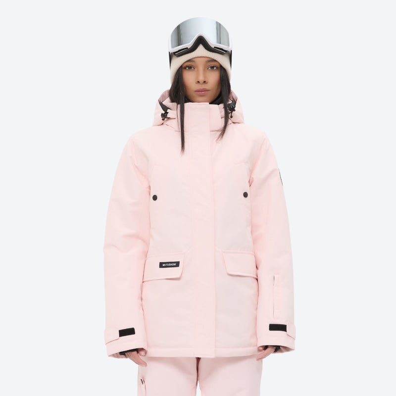 Women's breathable snow jacket with suspender pants - light pink, for resort and cross-country days