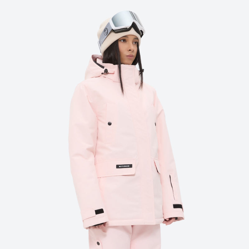 Women's breathable snow jacket with suspender pants - light pink, for skiing and snowboarding
