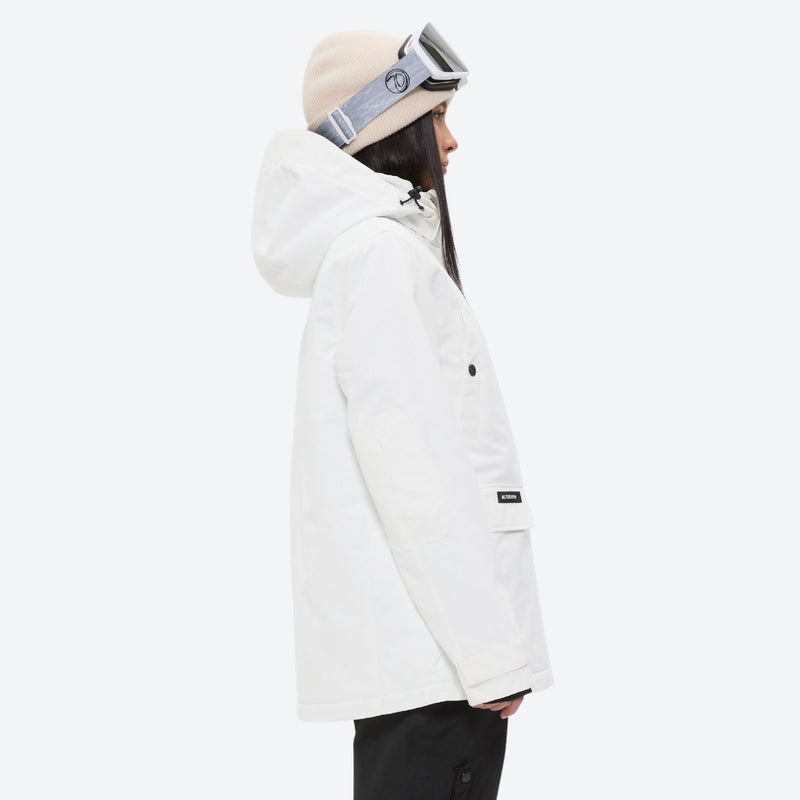 Women's waterproof 2L ski jacket and pants set - white jacket with black pants, for resort and cross-country days