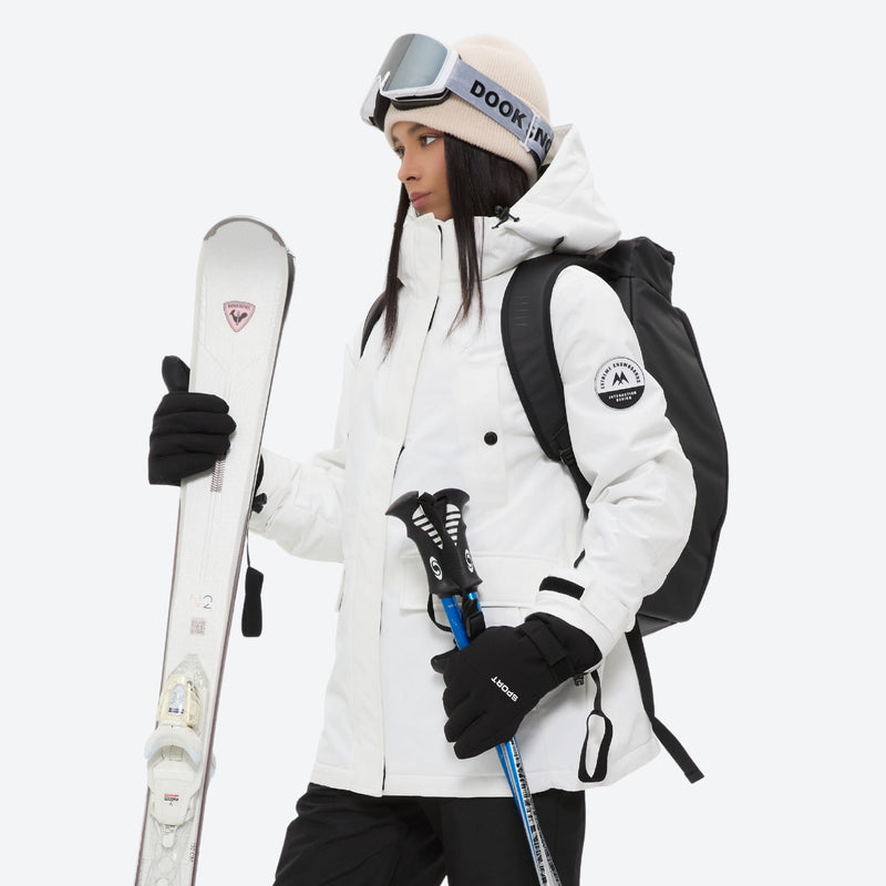 Women's breathable snow jacket with suspender pants - white jacket with black pants, for snowy mountain travel