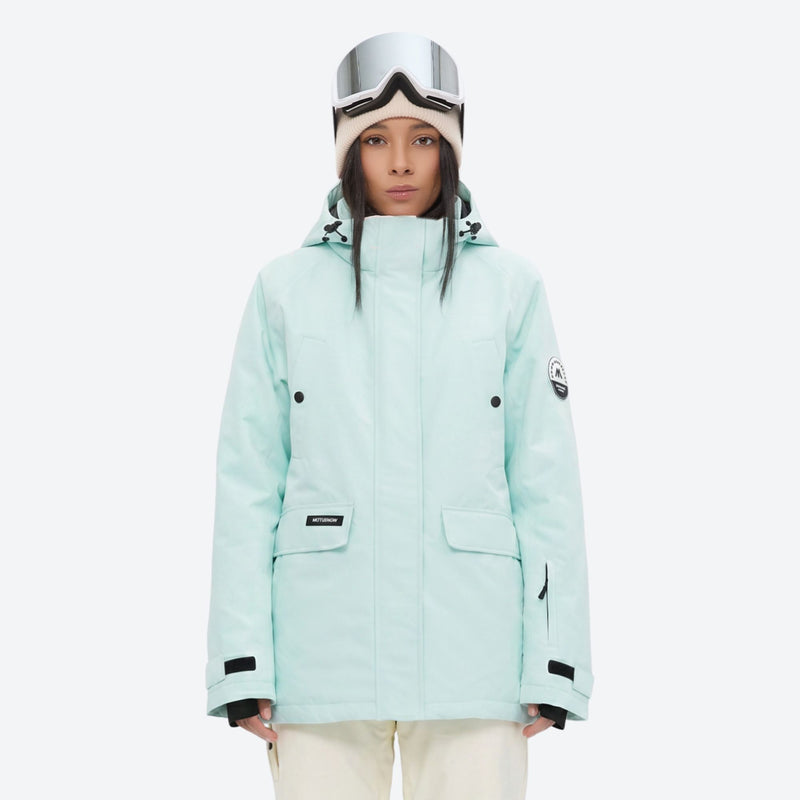 Women's 2-layer insulated ski suit - mint ice blue jacket with cream pants, for skiing and snowboarding