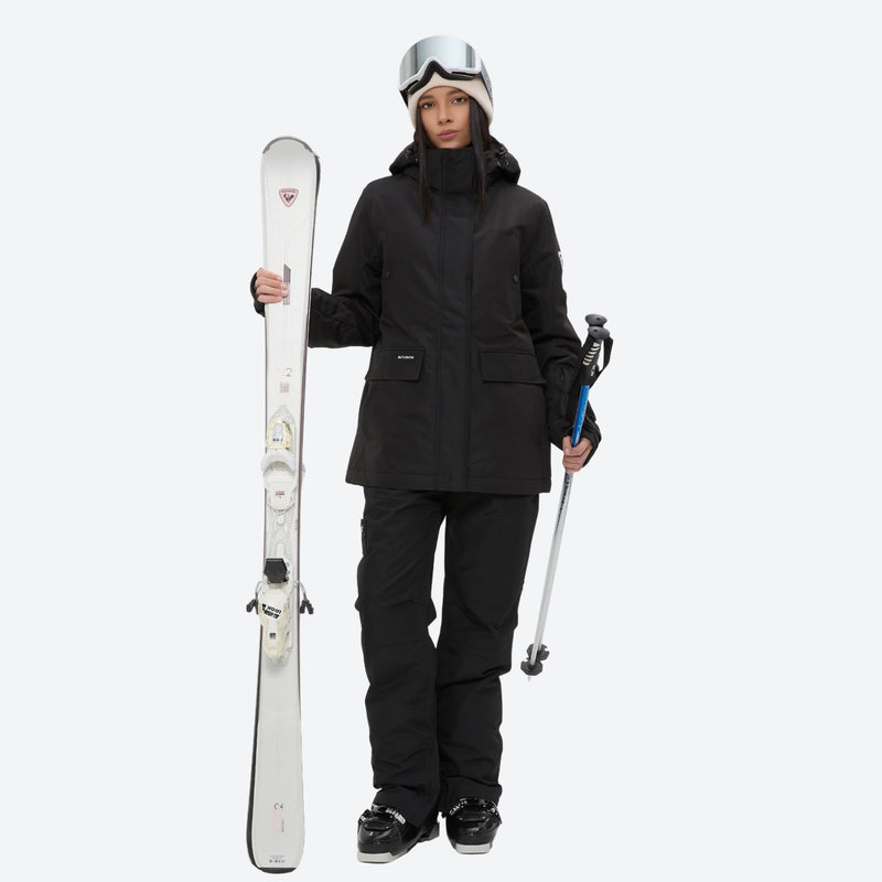 Women's breathable snow jacket with suspender pants - black jacket with black pants, for skiing and snowboarding