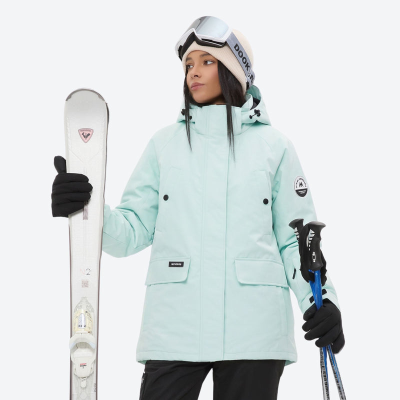 Women's waterproof 2L ski jacket and pants set - mint ice blue jacket with cream pants, for resort and cross-country days