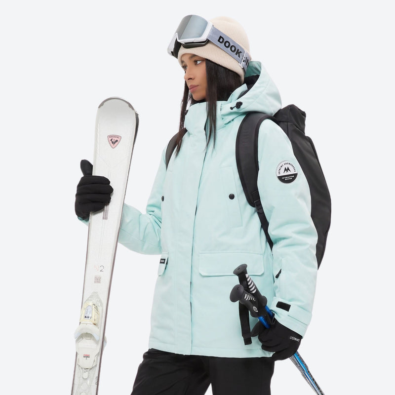 Women's breathable snow jacket with suspender pants - mint ice blue jacket with cream pants, for cold-weather winter sports