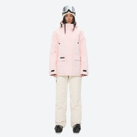 
                  
                    Women's breathable snow jacket with suspender pants - light pink jacket with cream pants, for cold-weather winter sports
                  
                