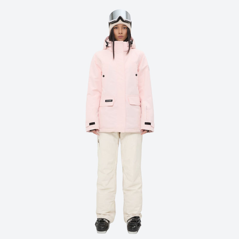 Women's breathable snow jacket with suspender pants - light pink jacket with cream pants, for cold-weather winter sports