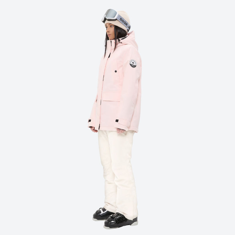 Women's waterproof 2L ski jacket and pants set - light pink jacket with cream pants, for skiing and snowboarding