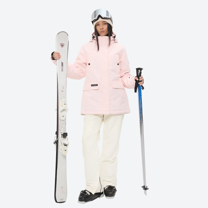 Women's 2-layer insulated ski suit - light pink jacket with cream pants, for snowy mountain travel