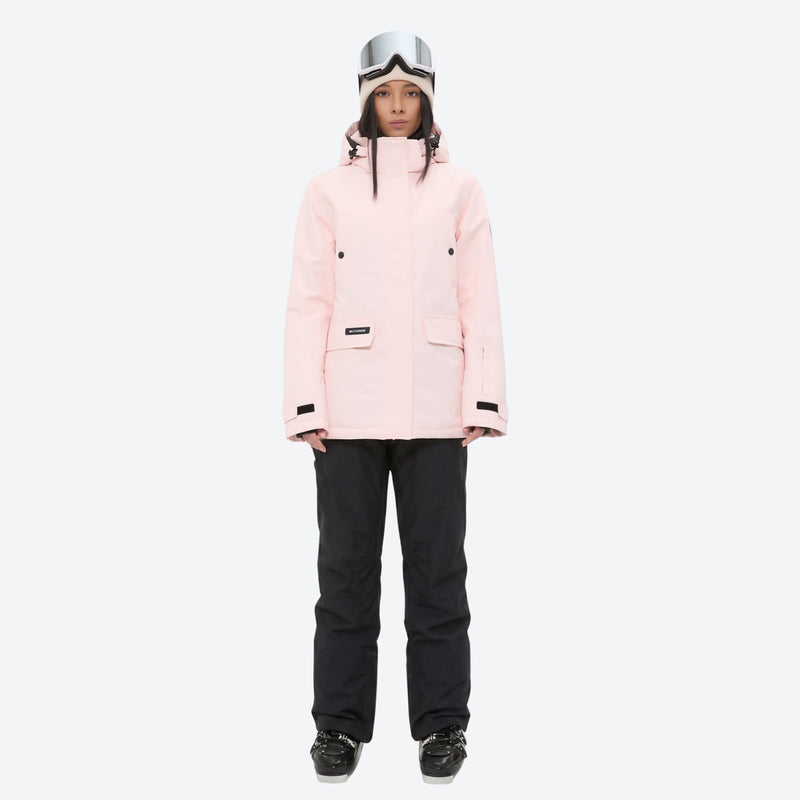 Women's breathable snow jacket with suspender pants - light pink jacket with black pants, for resort and cross-country days