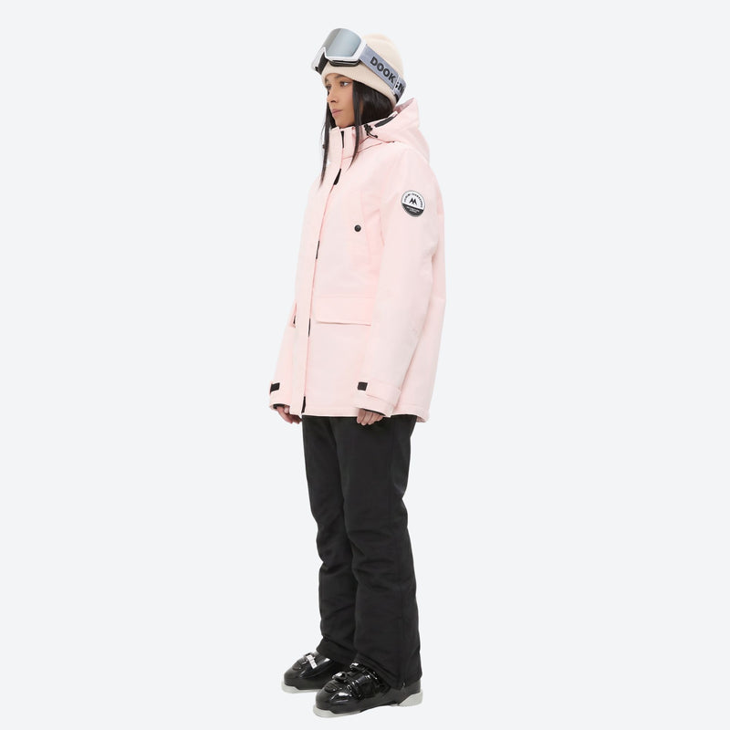Women's waterproof 2L ski jacket and pants set - light pink jacket with black pants, for snowy mountain travel