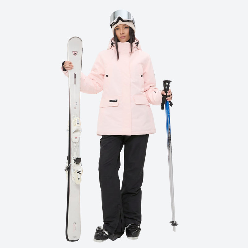 Women's 2-layer insulated ski suit - light pink jacket with black pants, for cold-weather winter sports