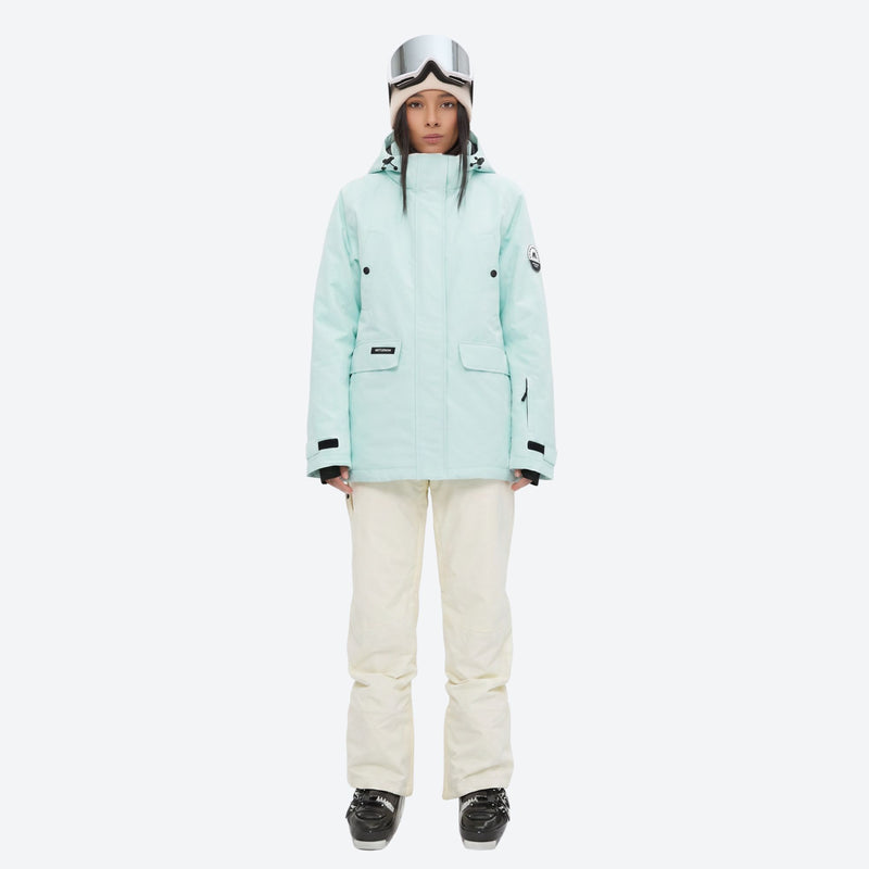 Women's 2-layer insulated ski suit - mint ice blue jacket with cream pants, for cold-weather winter sports