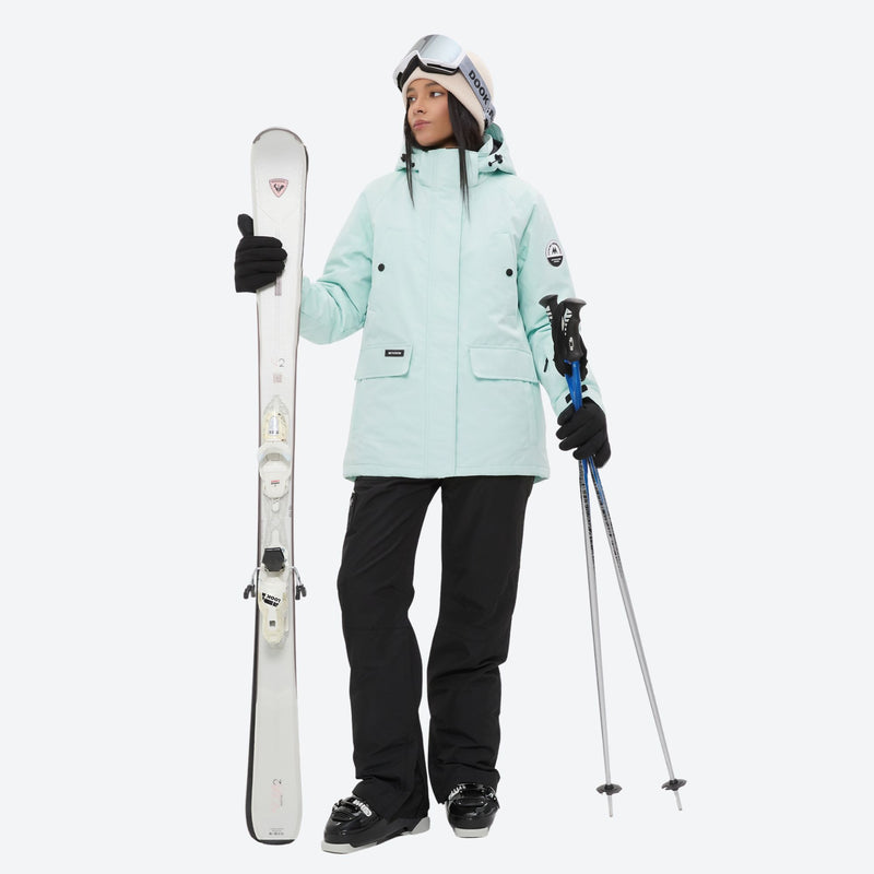 Women's waterproof 2L ski jacket and pants set - mint ice blue jacket with black pants, for snowy mountain travel