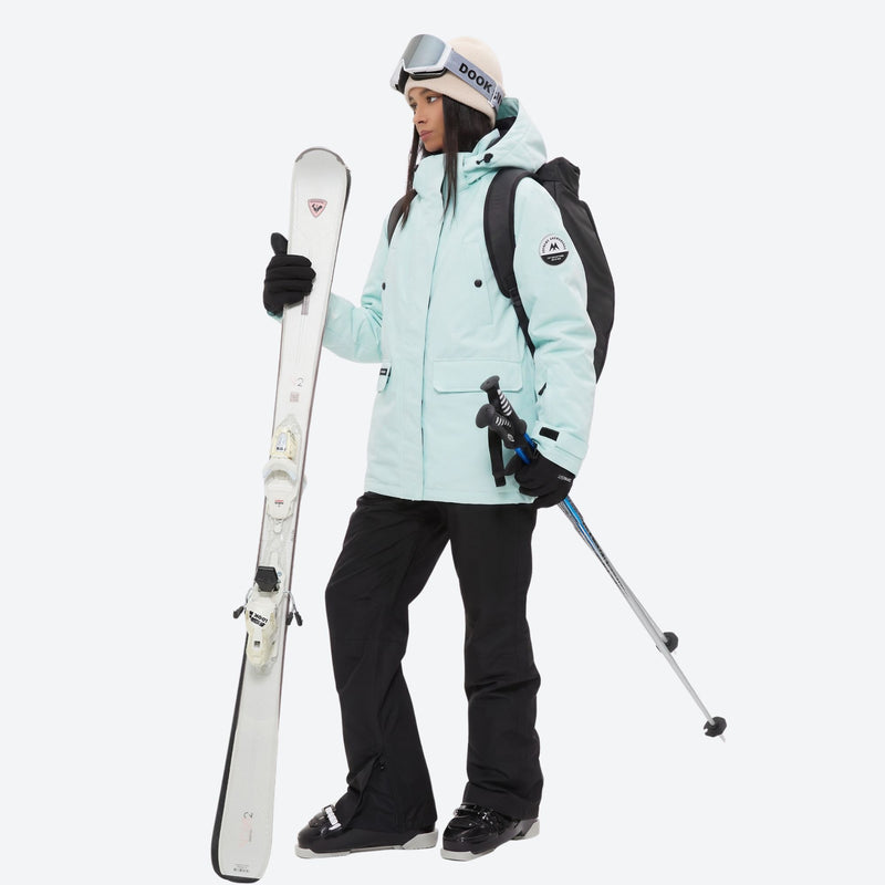 Women's breathable snow jacket with suspender pants - mint ice blue jacket with black pants, for skiing and snowboarding