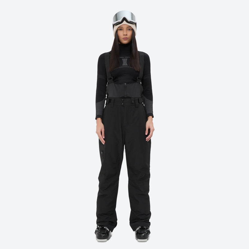 Women's waterproof 2L ski jacket and pants set - black snow pants, on-model front view, for resort and cross-country days