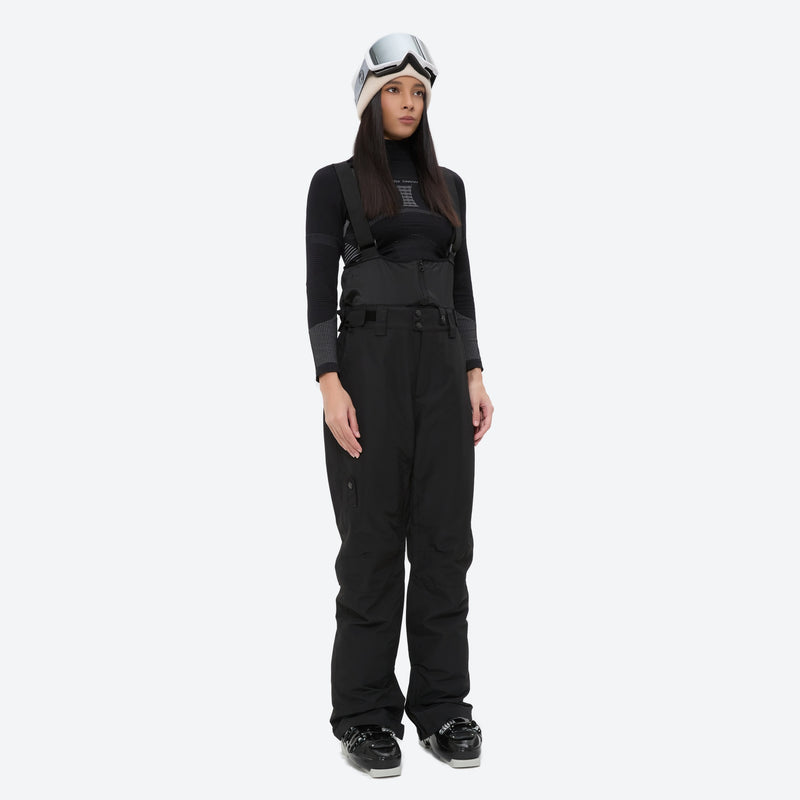 Women's waterproof 2L ski jacket and pants set - black snow pants, on-model front view, for skiing and snowboarding