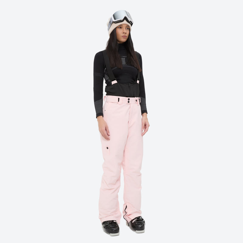 Women's waterproof 2L ski jacket and pants set - light pink snow pants, on-model front view, for skiing and snowboarding