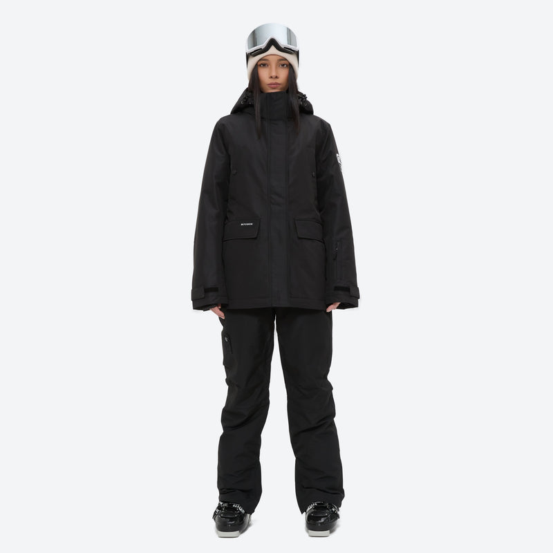 Women's waterproof 2L ski jacket and pants set - black jacket with black pants, for snowy mountain travel