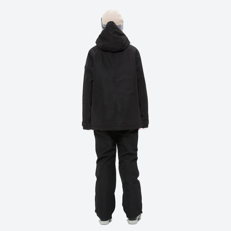 Women's breathable snow jacket with suspender pants - black jacket with black pants, for snowy mountain travel